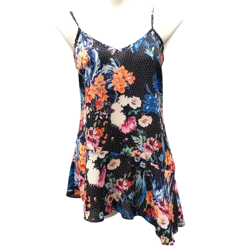 Nicole Miller Asymmetrical Ruffle Hem Floral Cami Tank Top Women's S Navy